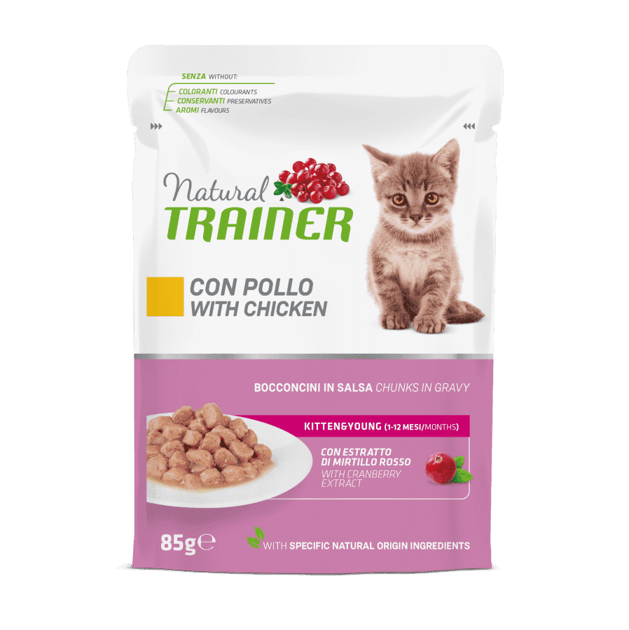 Natural Trainer Kitten&Young con bocconcini di pollo in salsa 85 g Natural Trainer Kitten&Young con bocconcini di pollo in salsa 85 g